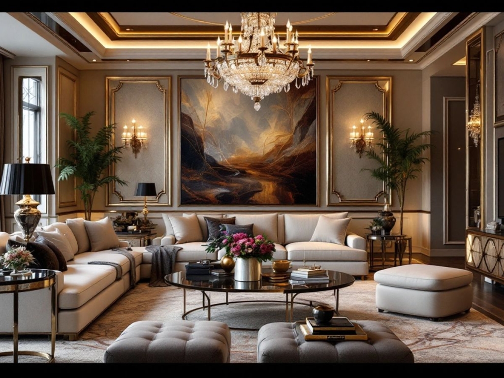 Luxurious living space with Baccarat crystal accents.