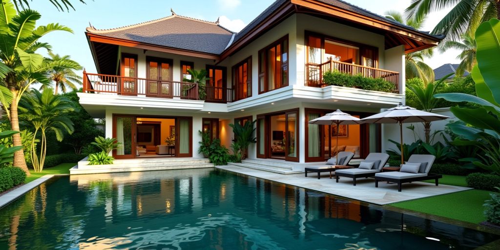 Luxurious Thai villa with pool and tropical surroundings.