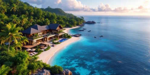 Luxurious beachfront villa in Samui with tropical scenery.