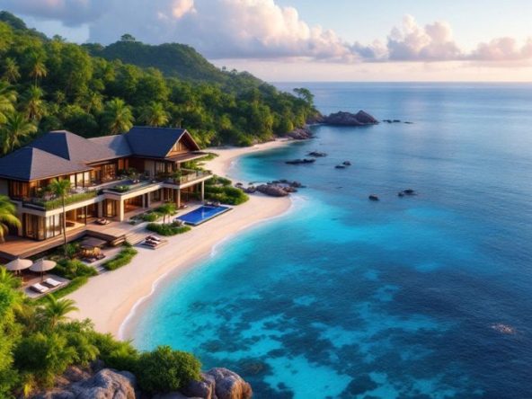 Luxurious beachfront villa in Samui with tropical scenery.