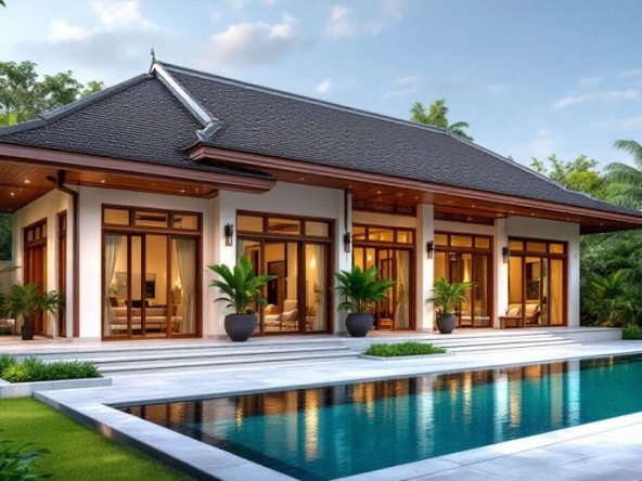 Luxurious Thai villa with pool and lush surroundings.