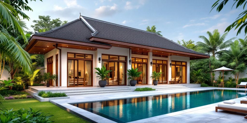 Luxurious Thai villa with pool and lush surroundings.