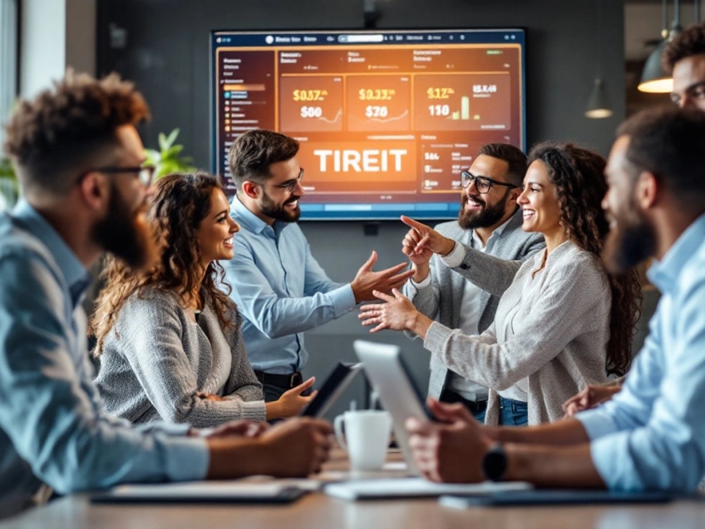 Investors discussing TIREIT units in a modern office.