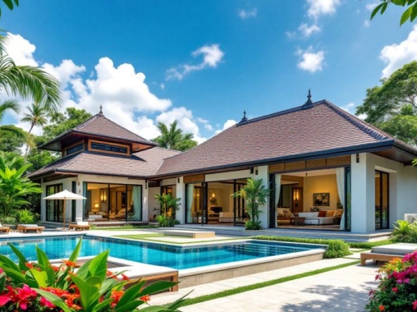 Luxurious Thai villa with pool and tropical surroundings.