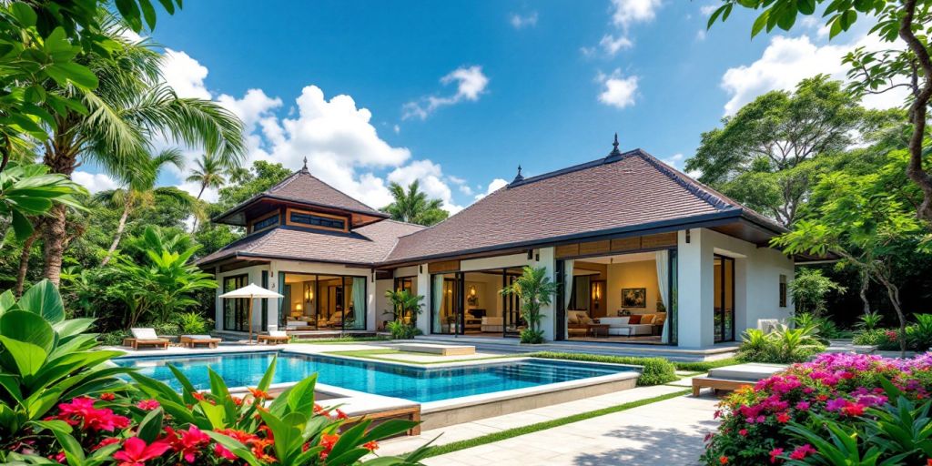 Luxurious Thai villa with pool and tropical surroundings.