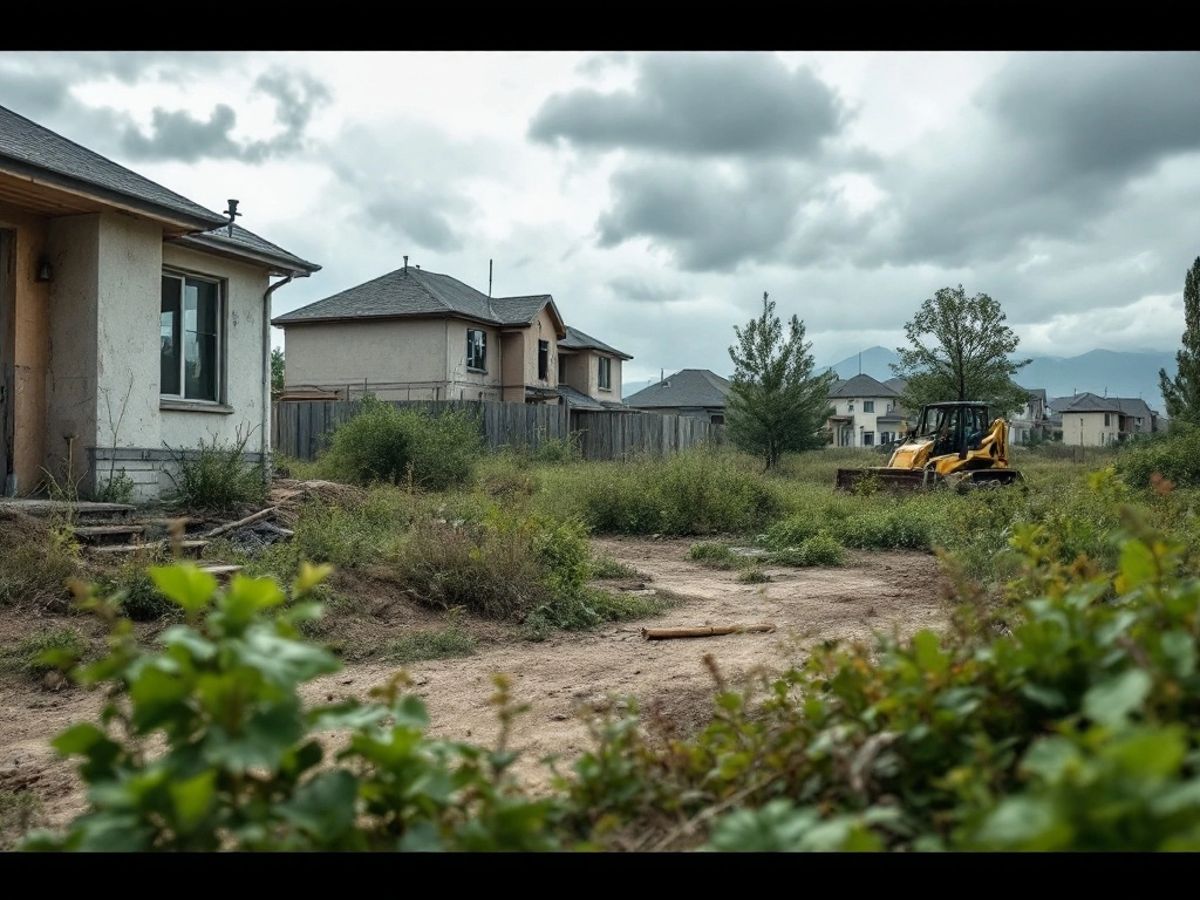 Abandoned construction site with overgrown weeds and equipment.