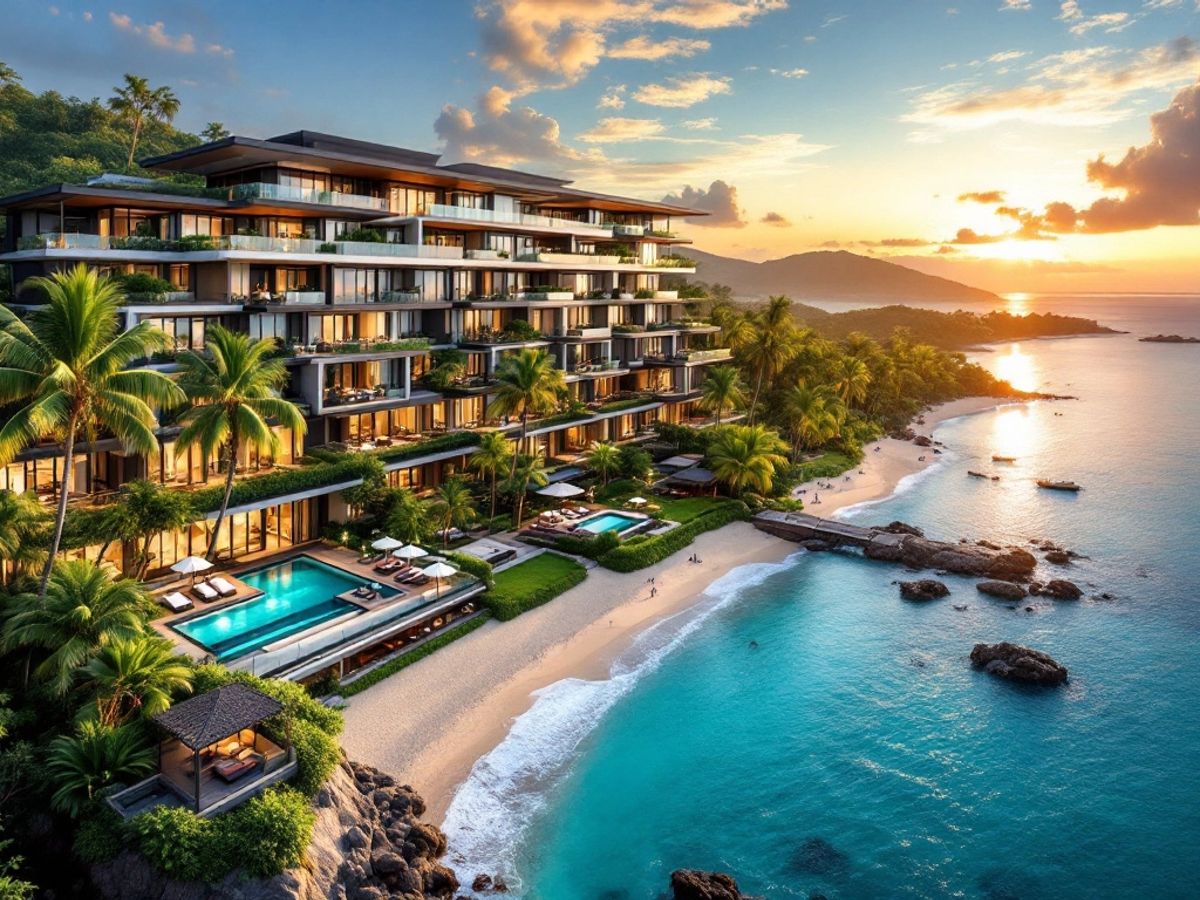 Luxury condo in Phuket with beach and sunset.