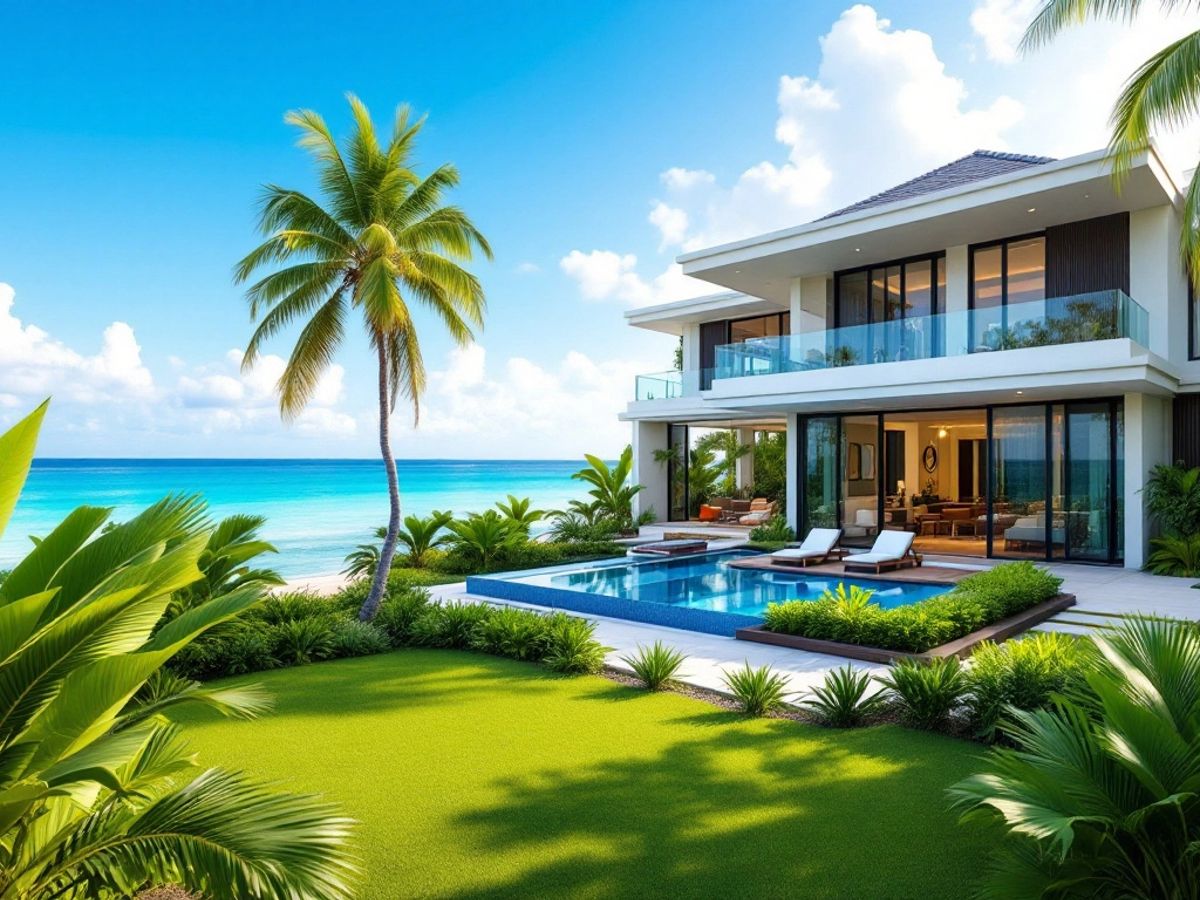 Beachfront property in Phuket with lush greenery and blue skies.