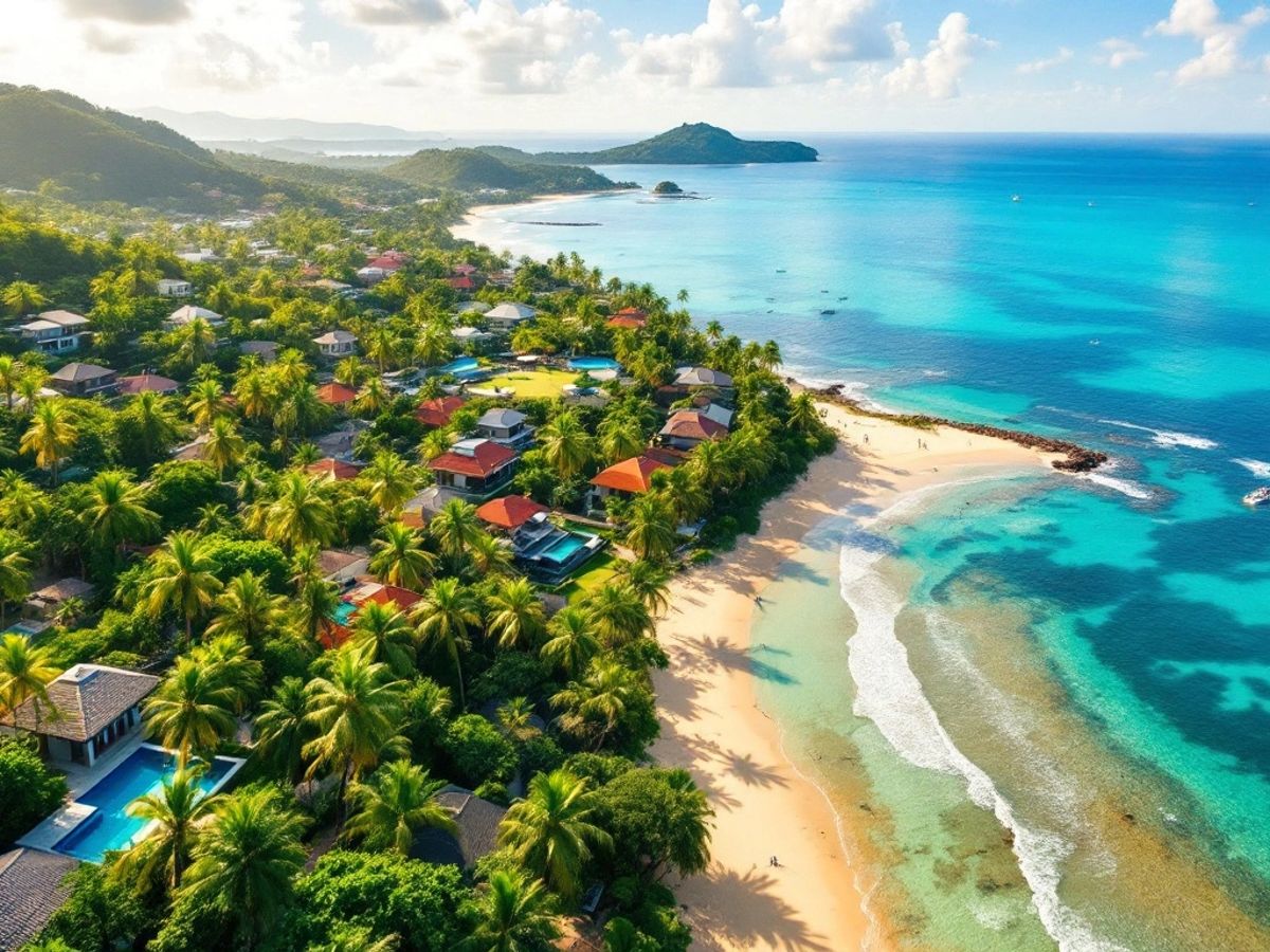 Aerial view of Phuket's tropical beachfront properties.