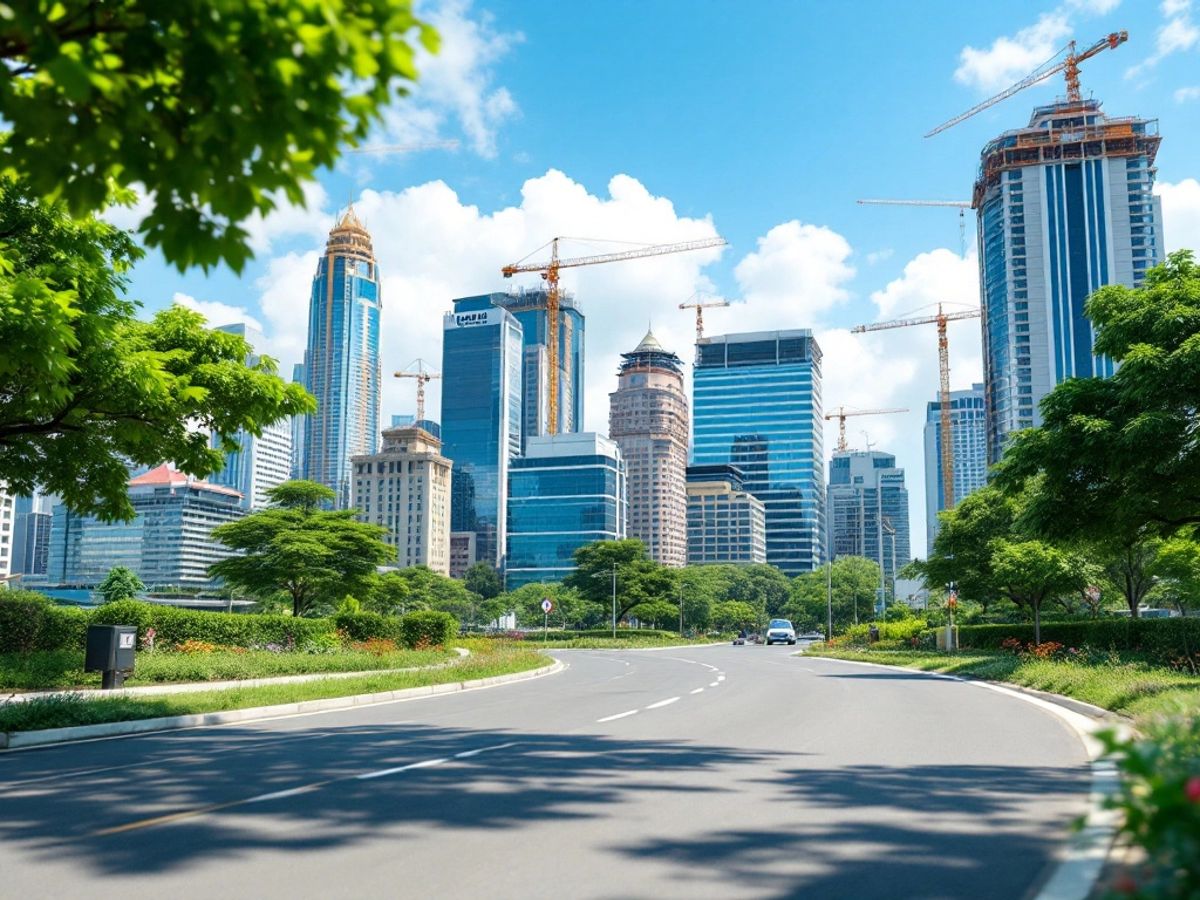 Thailand city skyline with construction cranes and greenery.