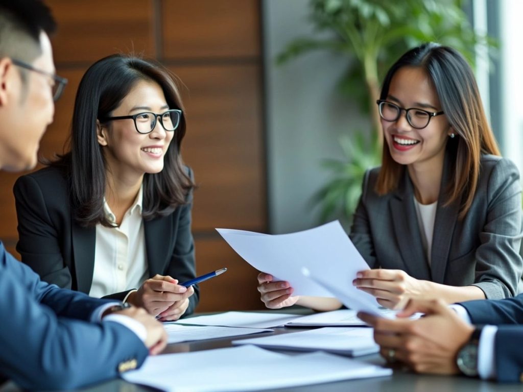 Business professionals in a meeting discussing corporate practices.