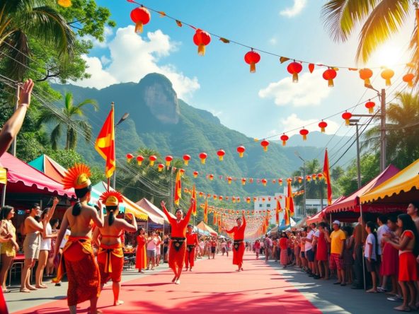 Colorful dancers at a Phuket festival with tropical backdrop.