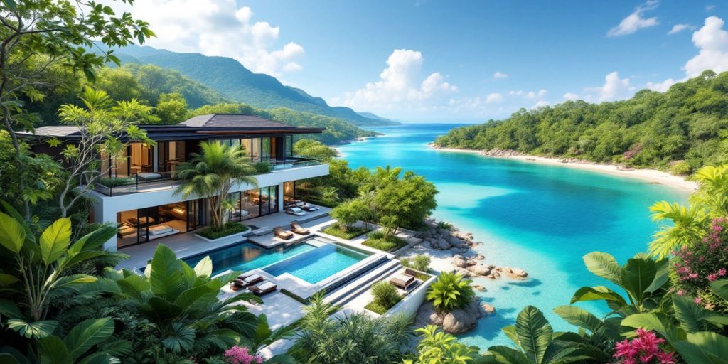 Luxurious Phuket property in tropical landscape.