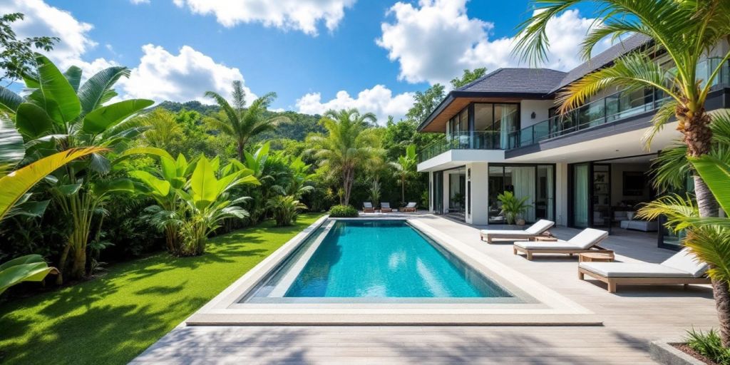 Luxury villa in Phuket with pool and greenery.