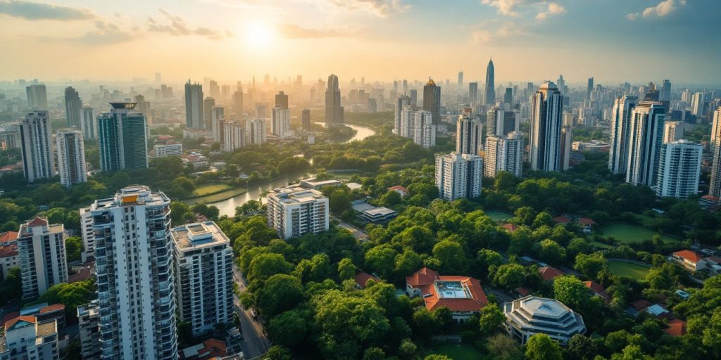 Aerial view of Thailand's skyline with greenery.