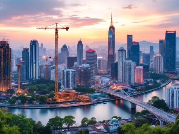 Vietnam city skyline with cranes and modern buildings.