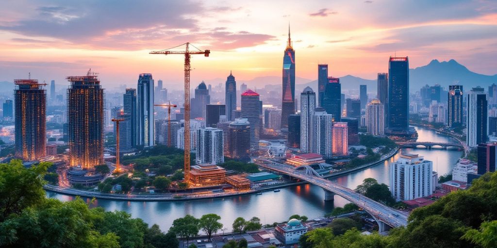 Vietnam city skyline with cranes and modern buildings.