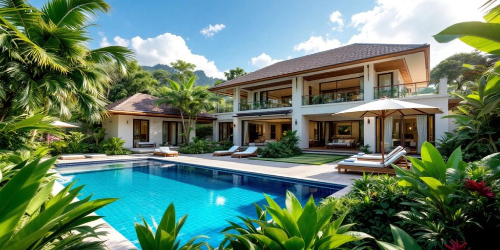 Luxurious Samui villa with tropical gardens and pool.