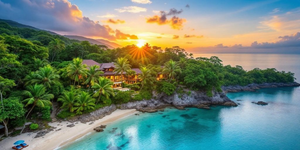 Beachfront house in Phuket, Thailand at sunset.