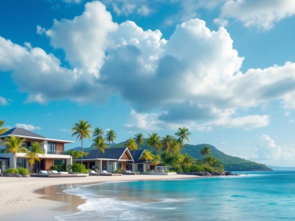 Tropical beach in Samui with luxurious villas and palm trees.