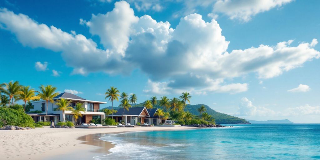 Tropical beach in Samui with luxurious villas and palm trees.