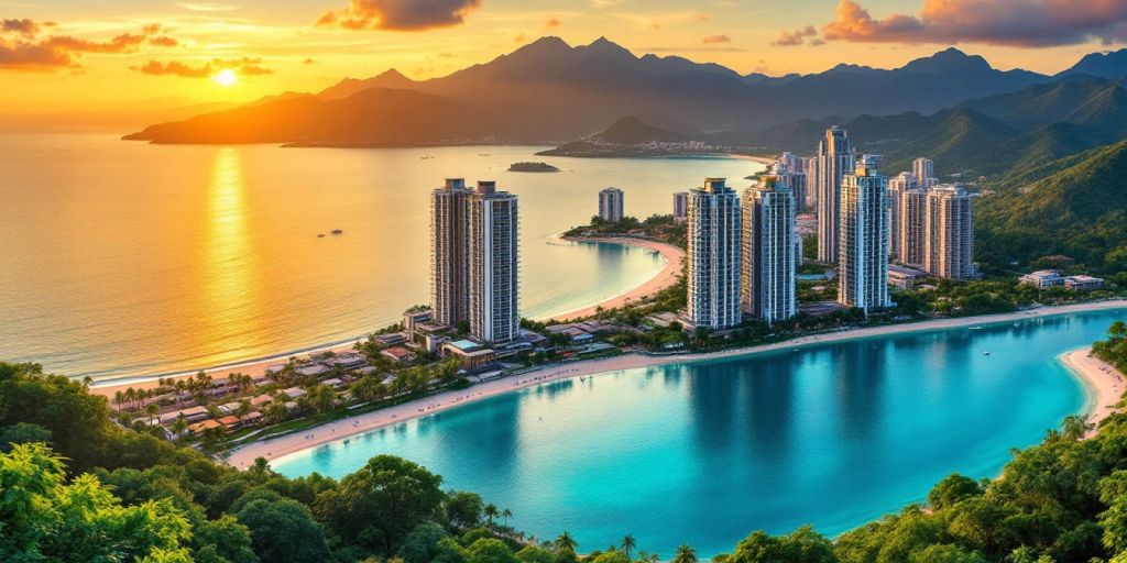 Phuket skyline with luxury condos and tropical beach.