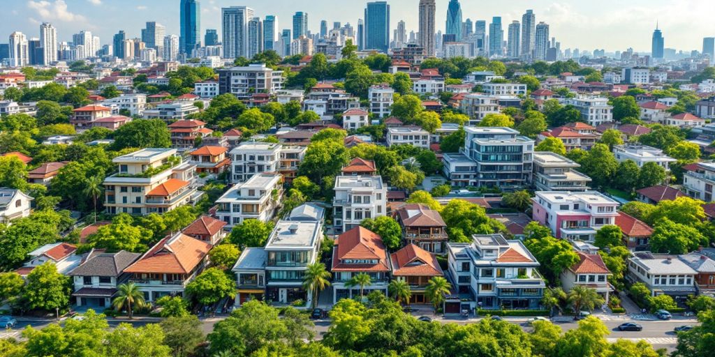 Modern Thai properties with lush greenery and vibrant colours.