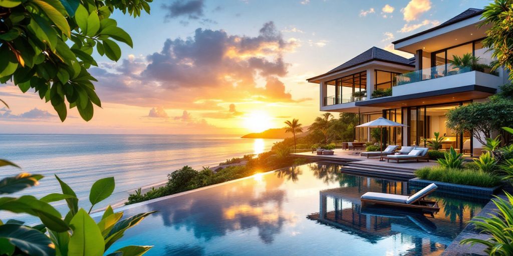 Beachfront villa in Phuket with sunset and greenery.