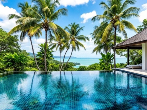 Luxurious villa with pool in Phuket's tropical landscape.