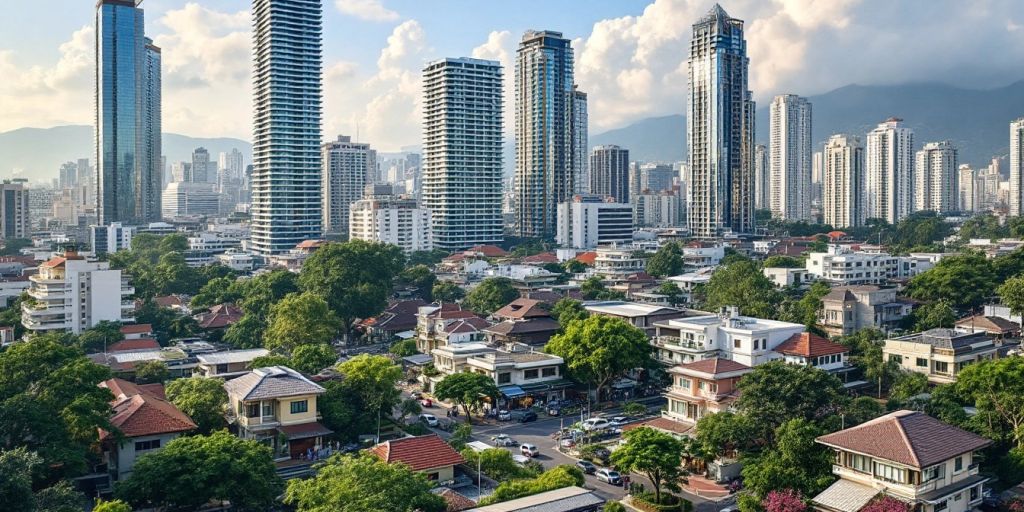 Urban landscape of Thailand with skyscrapers and traditional houses.