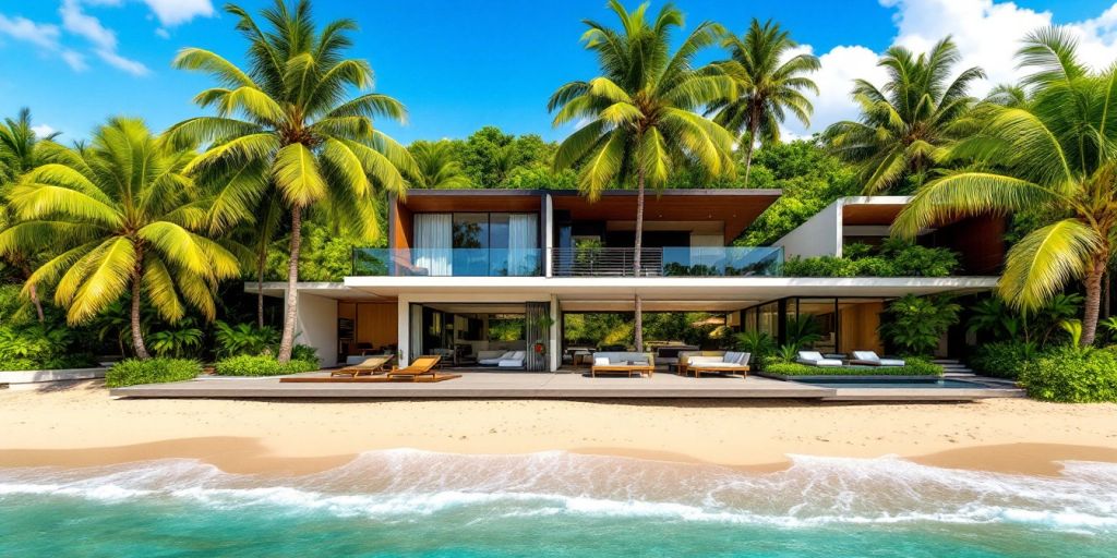 Modern beachfront property in Phuket with palm trees.