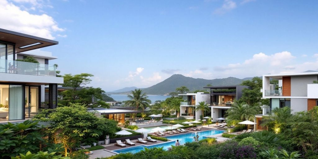 Luxury properties in Phuket with modern architecture and greenery.