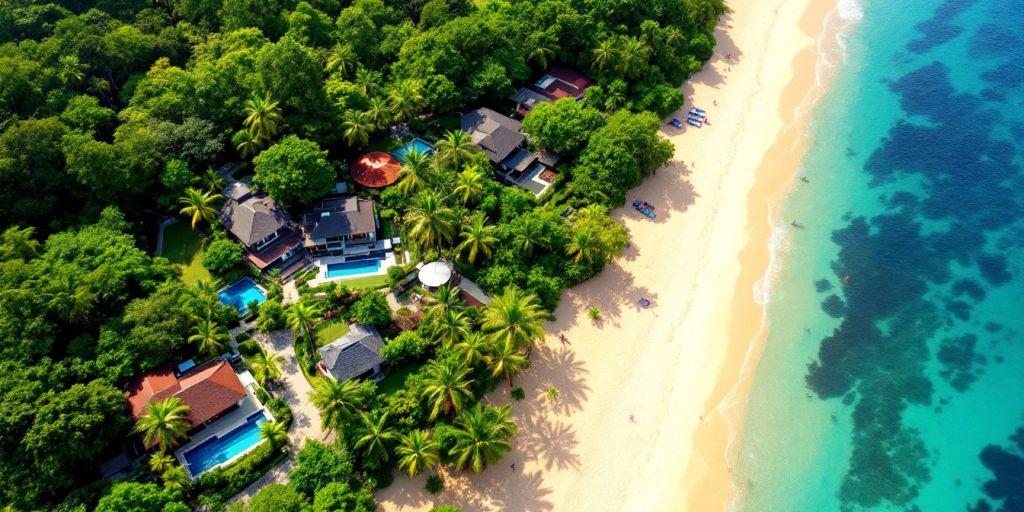 Aerial view of Phuket with beaches and villas.