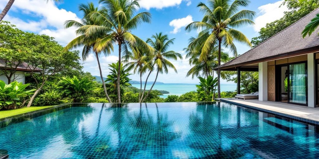 Luxurious villa with pool in Phuket's tropical landscape.