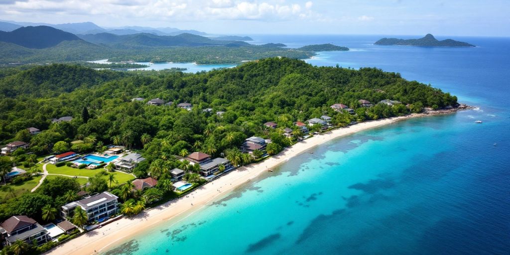 Aerial view of luxurious Phuket properties and beaches.