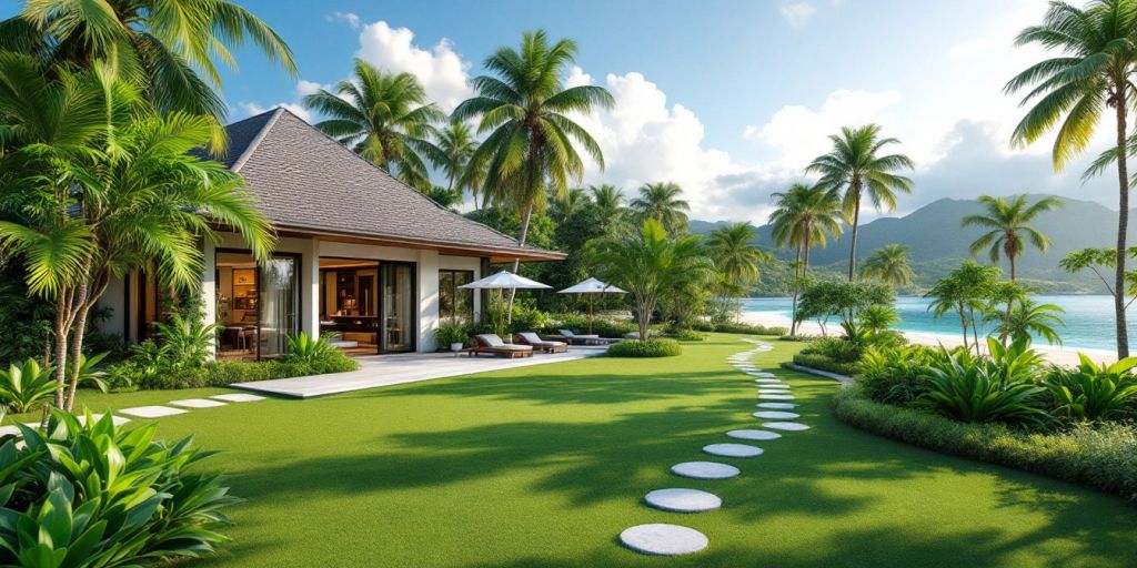 Luxury villa in tropical Phuket with beach view.