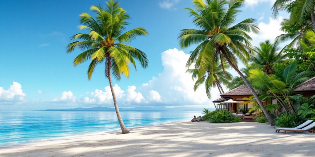 Serene beachfront property in Phuket with palm trees.