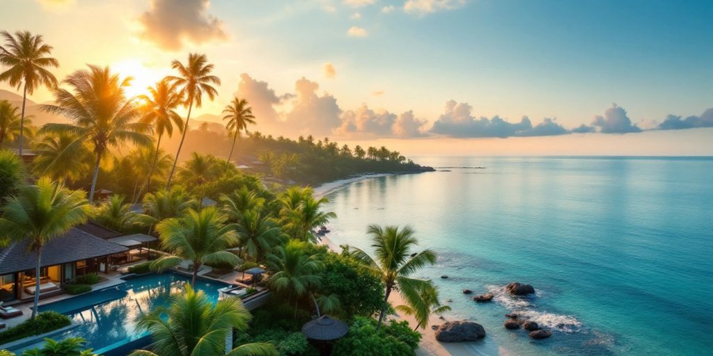 Luxurious villas by the beach in Phuket at sunset.