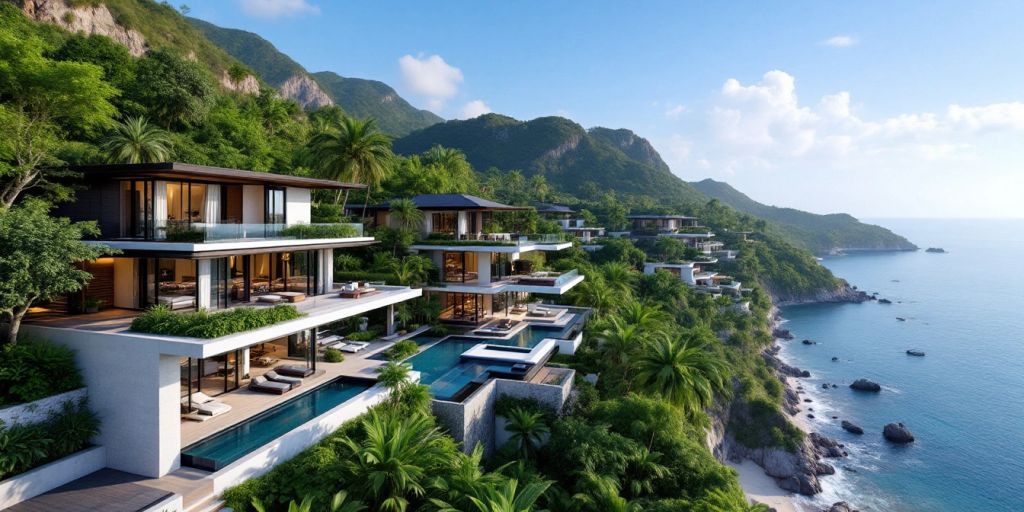Luxurious Samui villas with pools and tropical scenery.