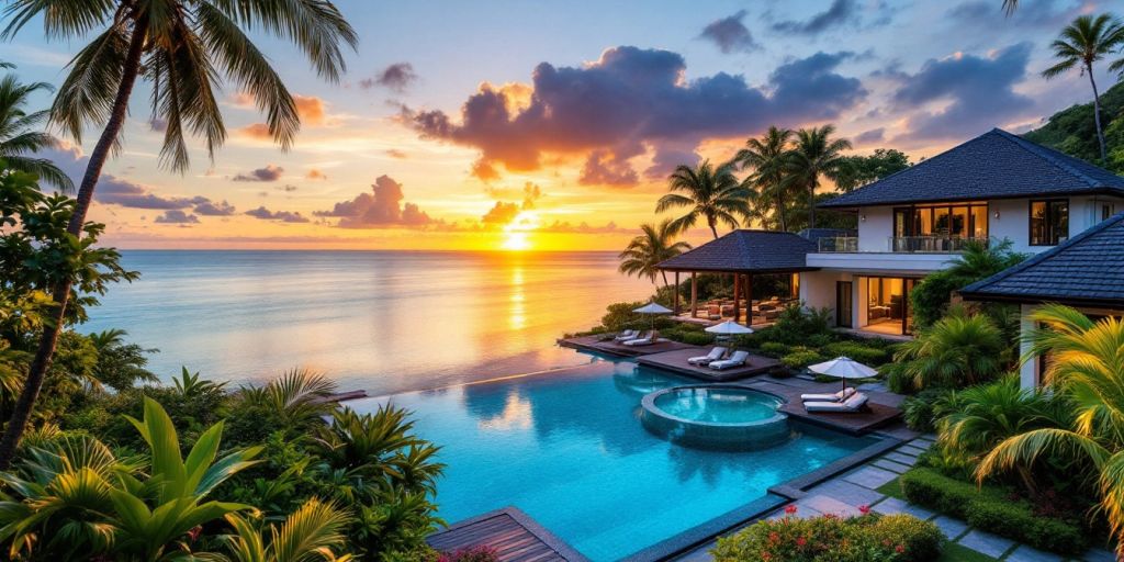 Beachfront property in Samui at sunset with greenery.