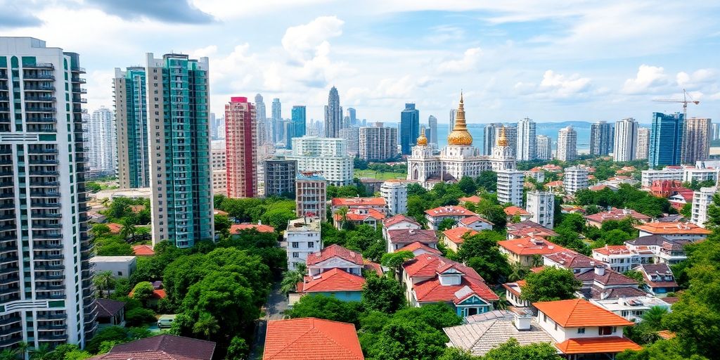 Thailand skyline with modern and traditional architecture.