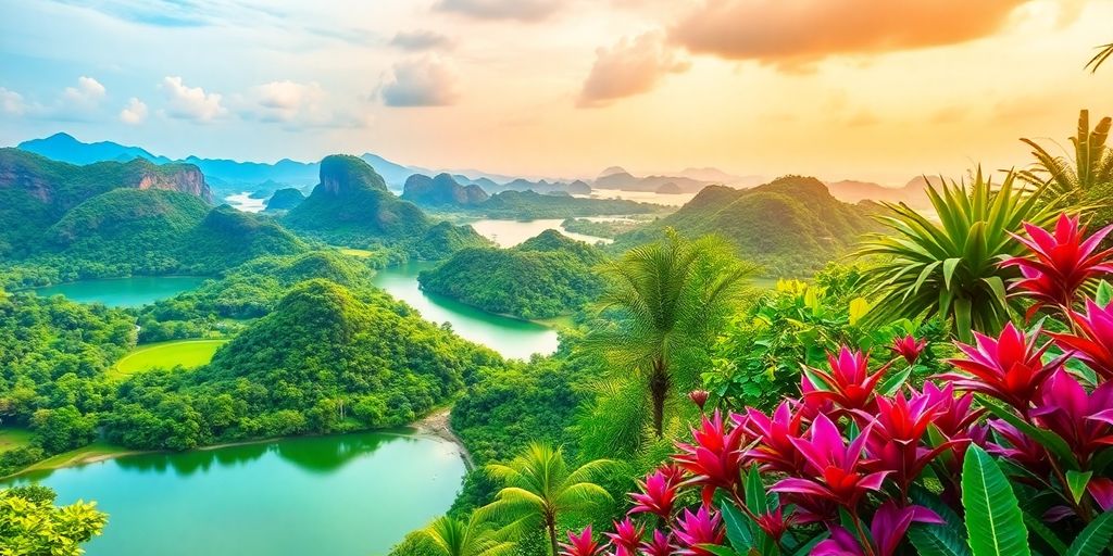 Lush Thai landscape with greenery and serene water bodies.