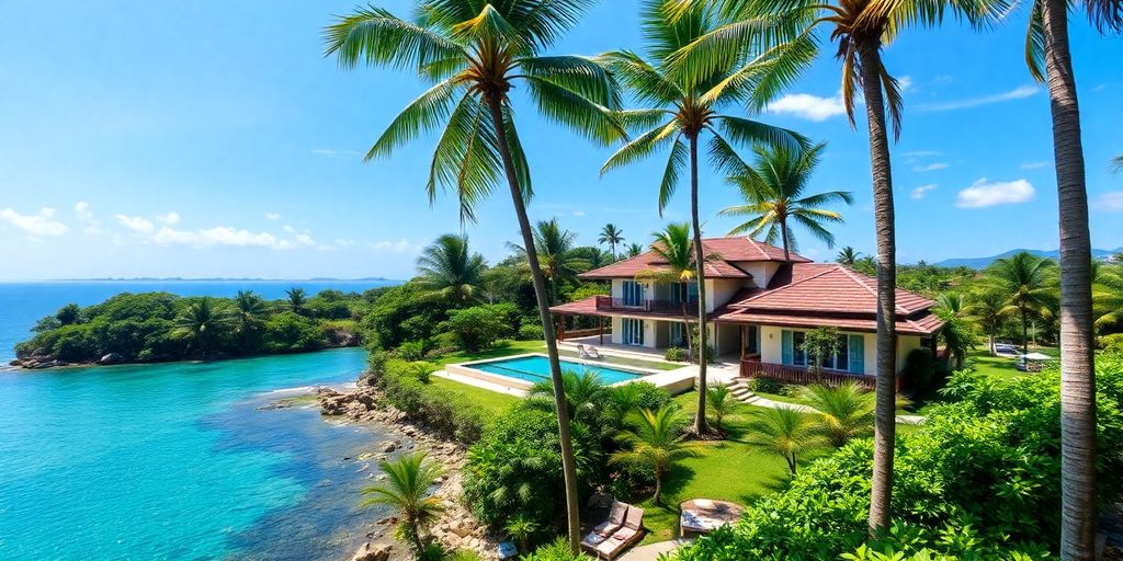 Luxurious Phuket property with ocean and greenery backdrop.