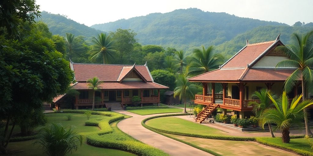 Traditional Thai house surrounded by lush greenery.