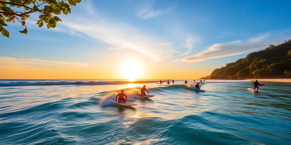 Surfers riding waves at a sunny Phuket beach.