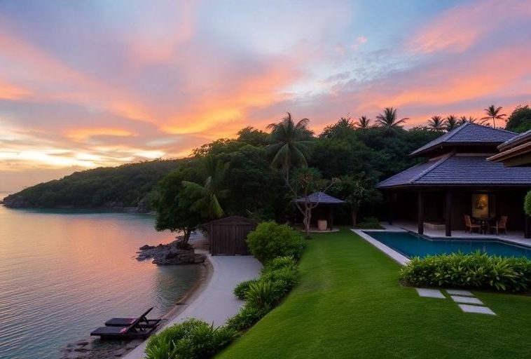 Beach villa in Phuket with sunset and tropical surroundings.
