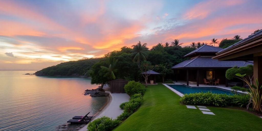 Beach villa in Phuket with sunset and tropical surroundings.