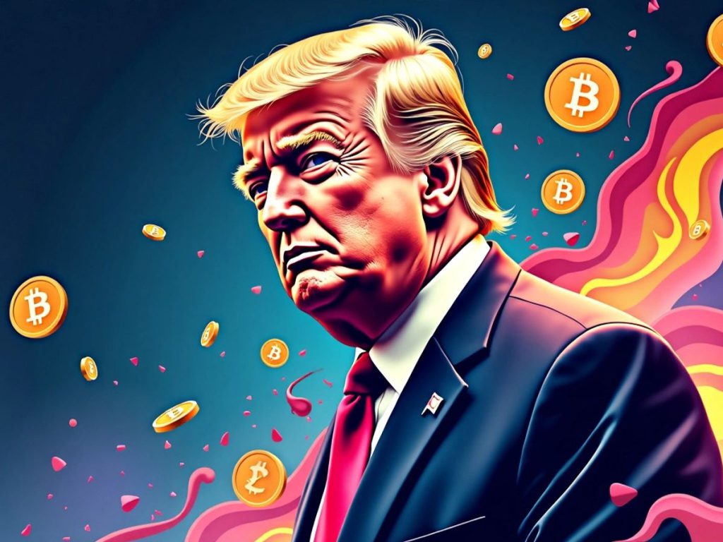 Donald Trump with cryptocurrency symbols and digital currency backdrop.
