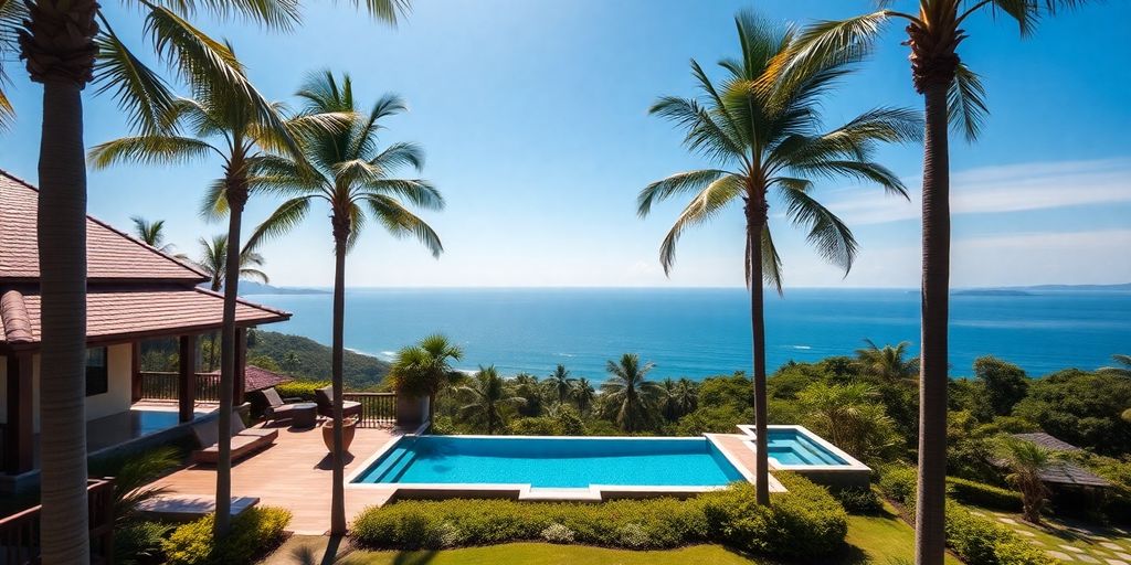 Luxury property in Phuket with ocean view and palm trees.