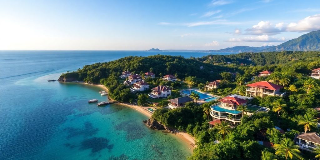 Coastal view of luxury villas in Phuket's real estate market.